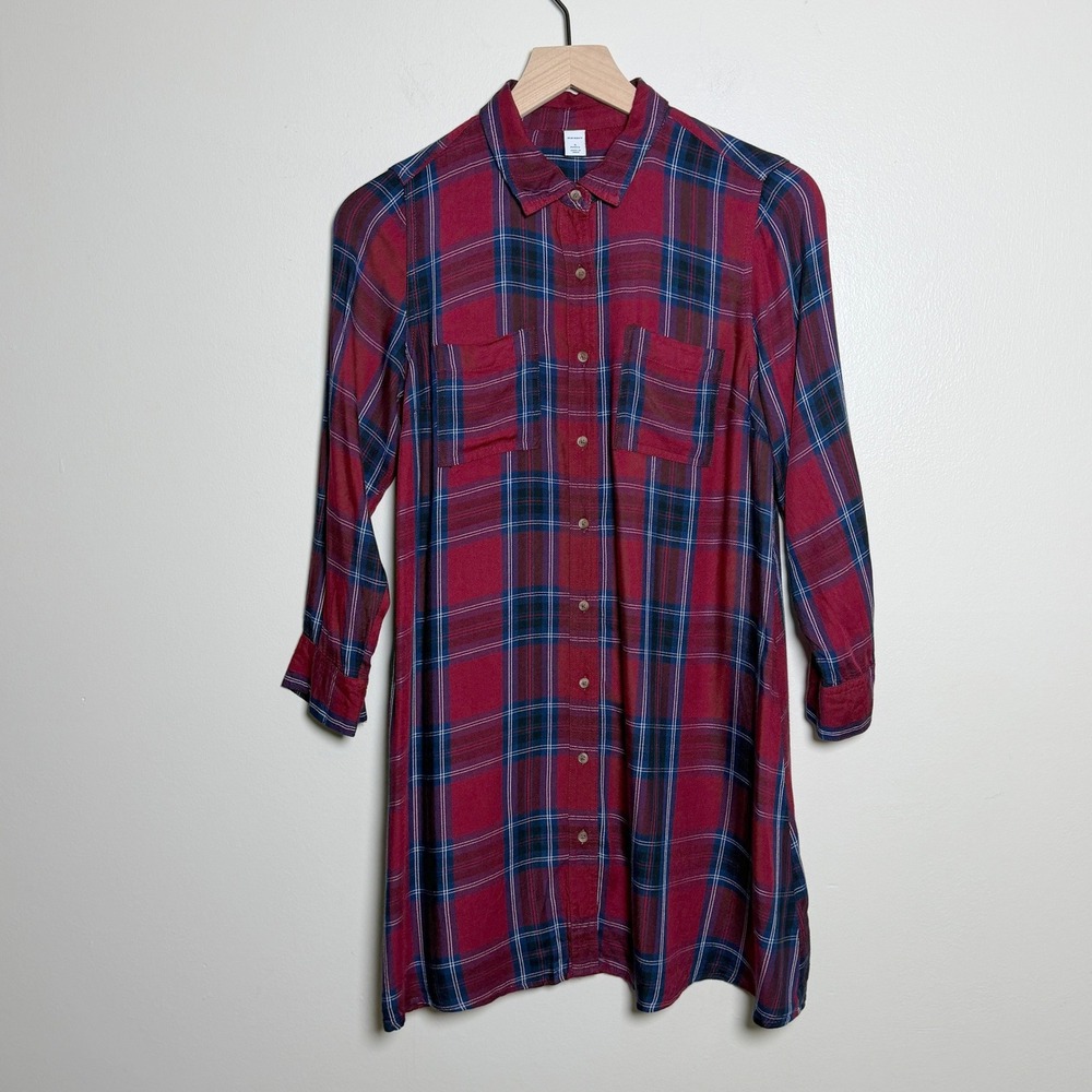 Old Navy Red Navy Blue Plaid Button Down‎ Shirt Dress S Petite Academia Autumnal
